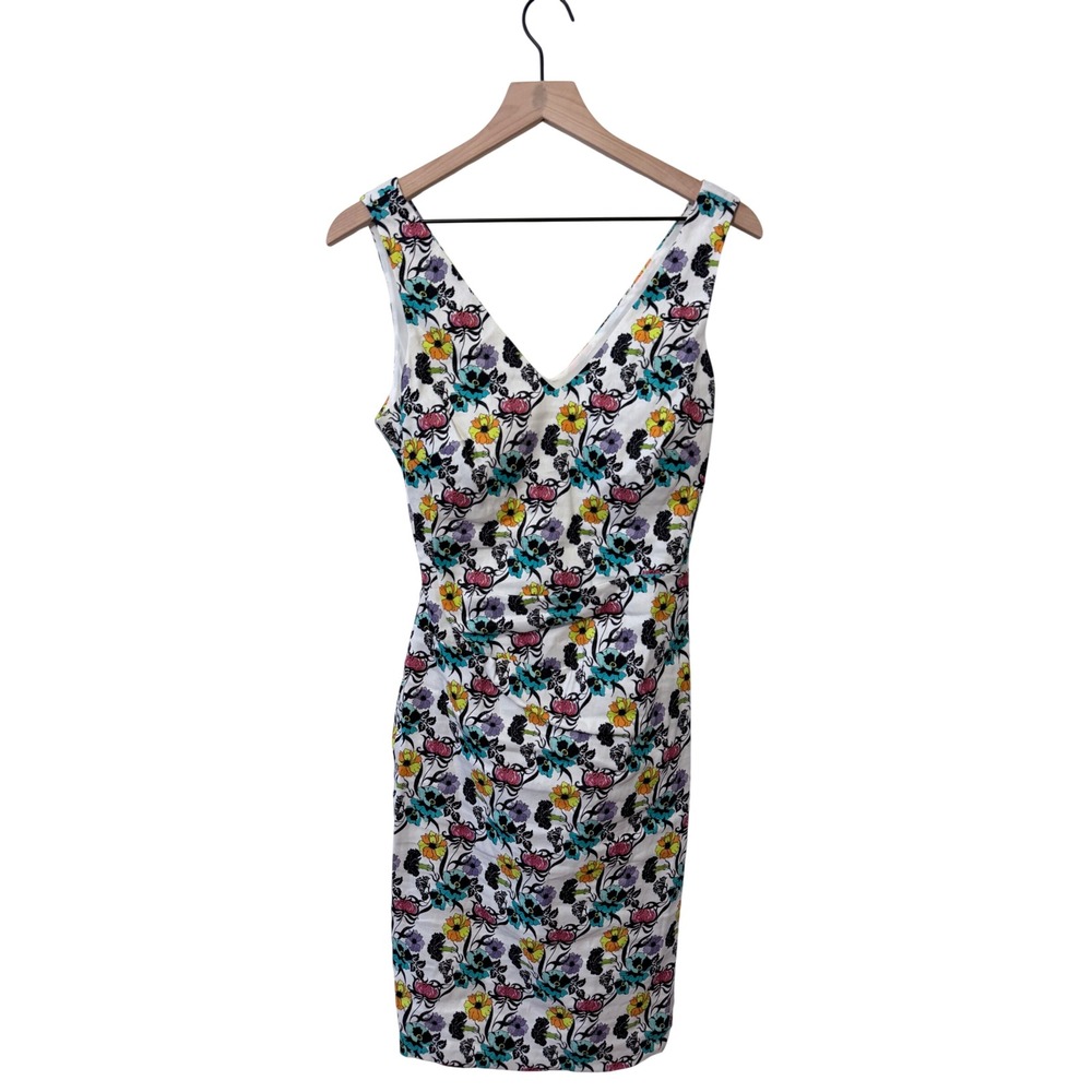 Nicole Miller Artelier Floral Linen Blend Sheath Dress Ruched V Neck Lined